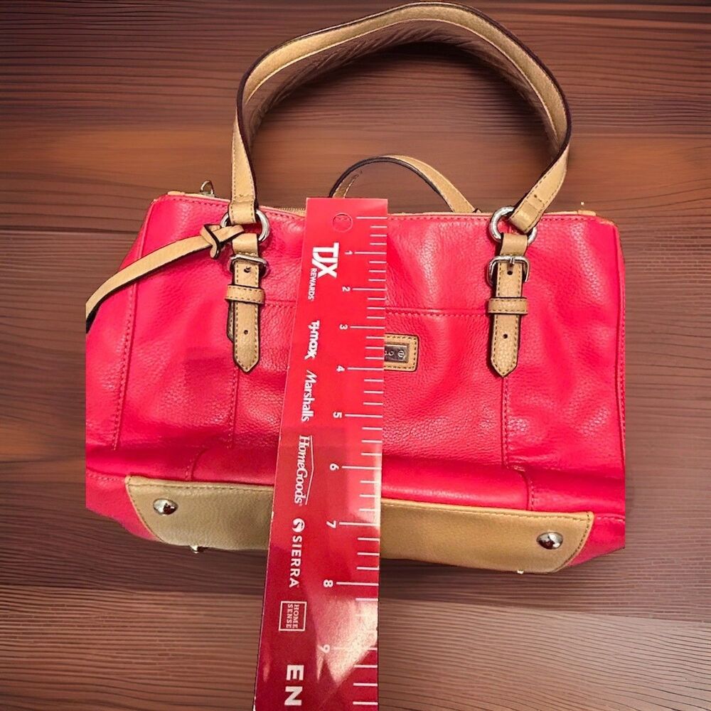 Tignanello Red Beige Pebbled Faux Leather Satchel Tassel Zip Pockets - Picture 9 of 10